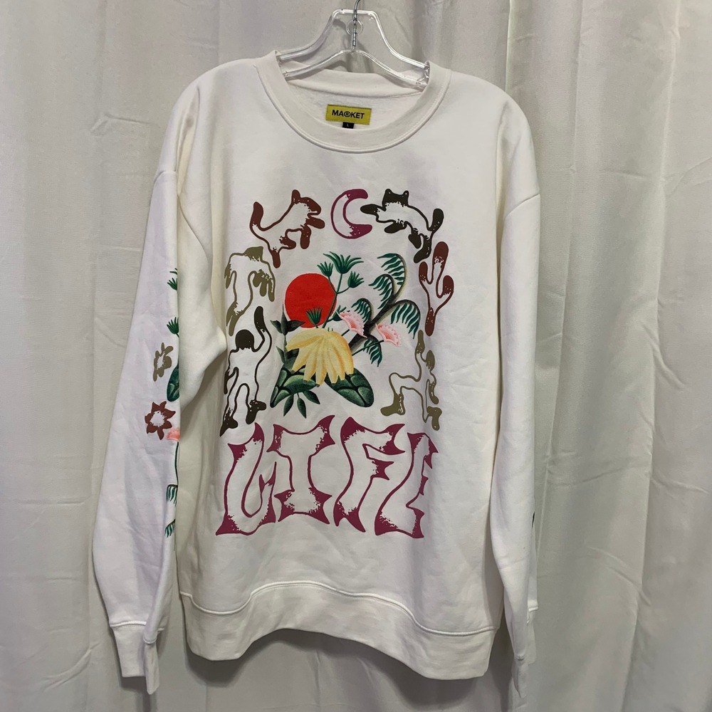 URBAN OUTFITTERS MARKET LIFE CYCLE CREW SWEATSHIRT SIZE L White Floral Graphic